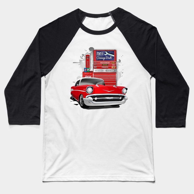 1957 Red and White Garage Built Chevy Bel Air Baseball T-Shirt by RPM-ART